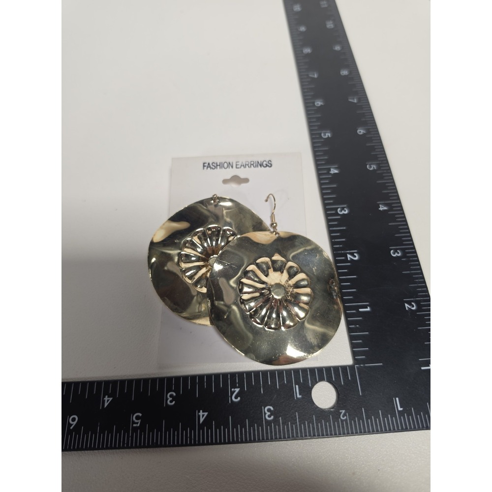 Large Pierced Gold tone Hammered Medallion Disc Earrings Boho Statement 2 1/4" - Picture 4 of 4